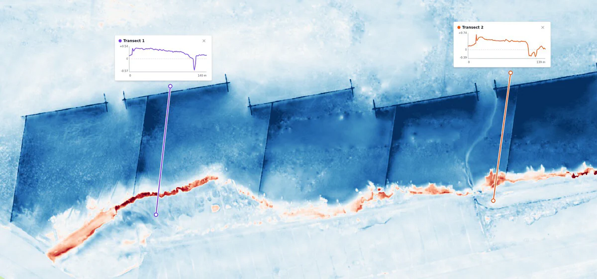 Two transects drawn across a groyne field to the marsh edge, each with its elevation change profile