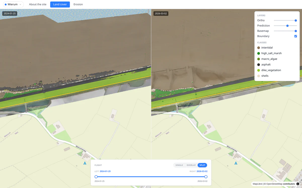 Split-screen comparison of two drone surveys of the same stretch of coast