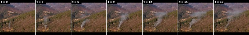The same hillside across twenty frames; with the view held steady, a faint plume grows and drifts while everything around it stays put