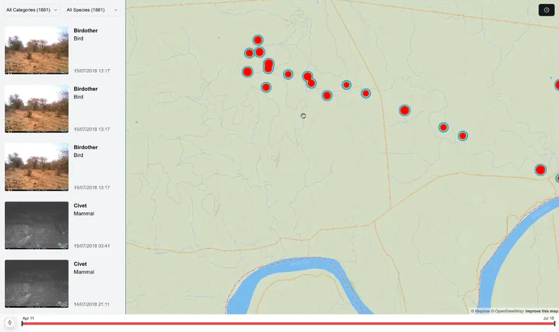 Interactive map showing camera trap locations