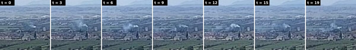 The same sequence cropped to the candidate region: the smoke puff appears, thickens, and drifts across ten patches