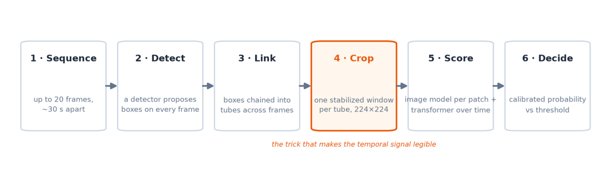 The six-stage pipeline: sequence, detect, link, crop, score, decide — with the crop stage highlighted